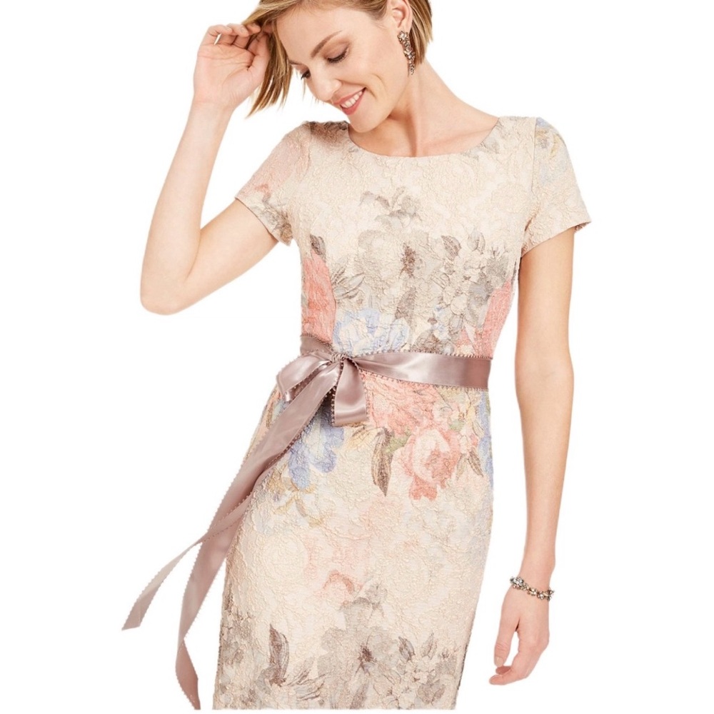 NWT Adrianna Papell Floral Lace Midi Dress with Satin Sash